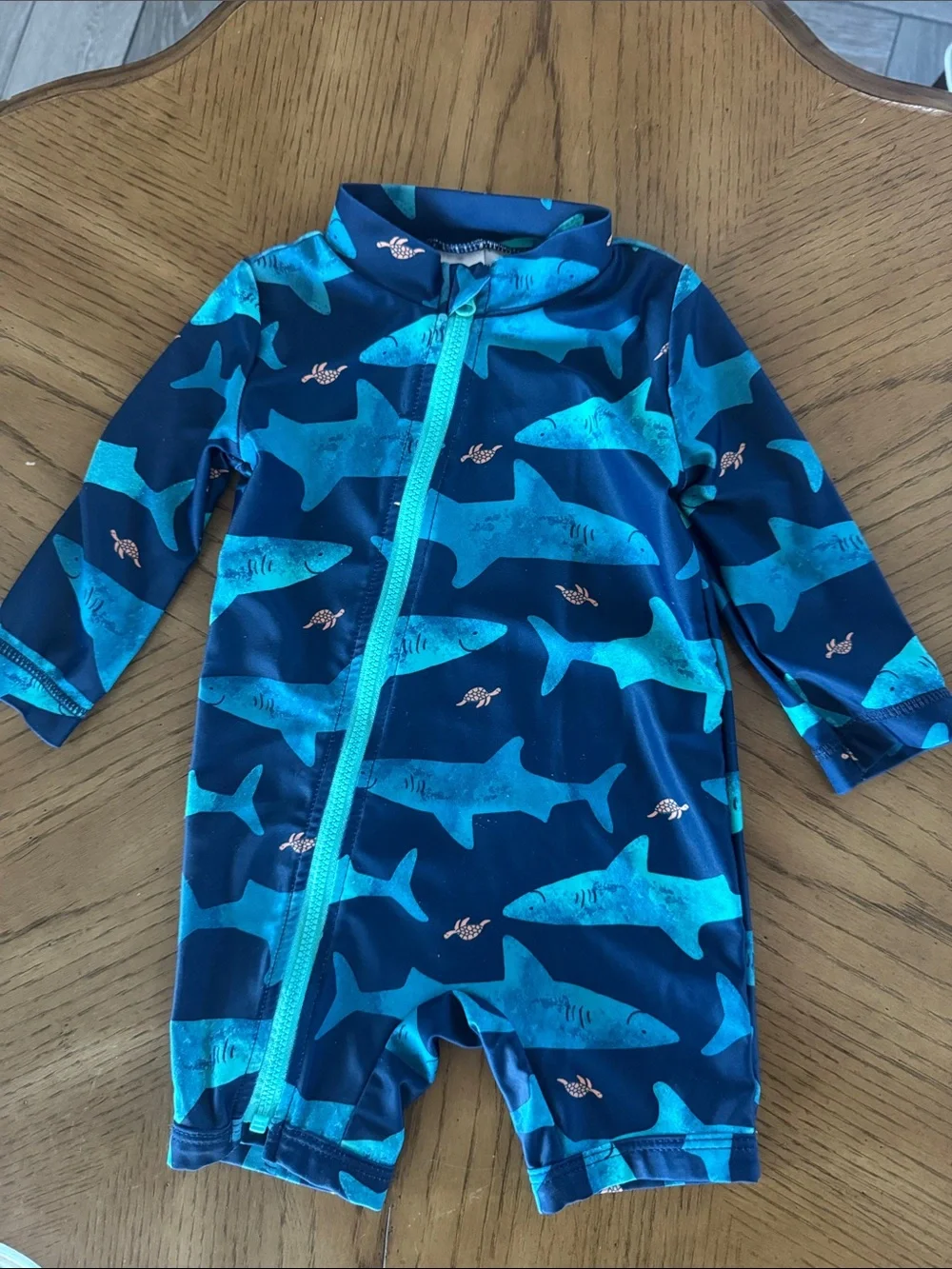 Kids Blue Shark Print One-Piece Swimsuit - Long Sleeve